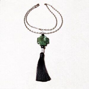 Chic Green Jasper Cross + Black Tassel Necklace 26" ~ Classy Elegant Versatile